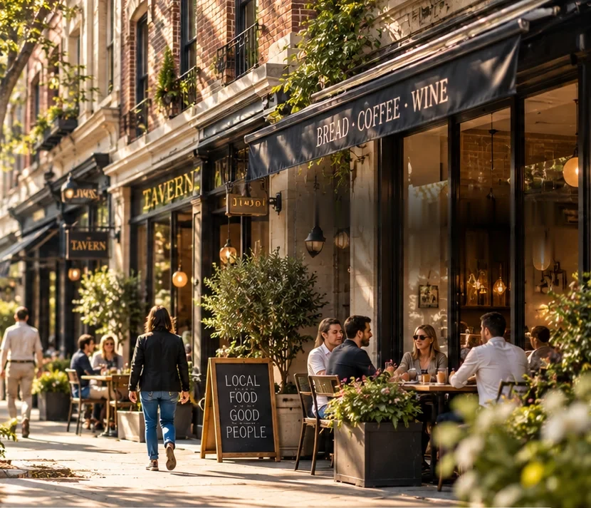 A sunny neighborhood street with shops and cafes